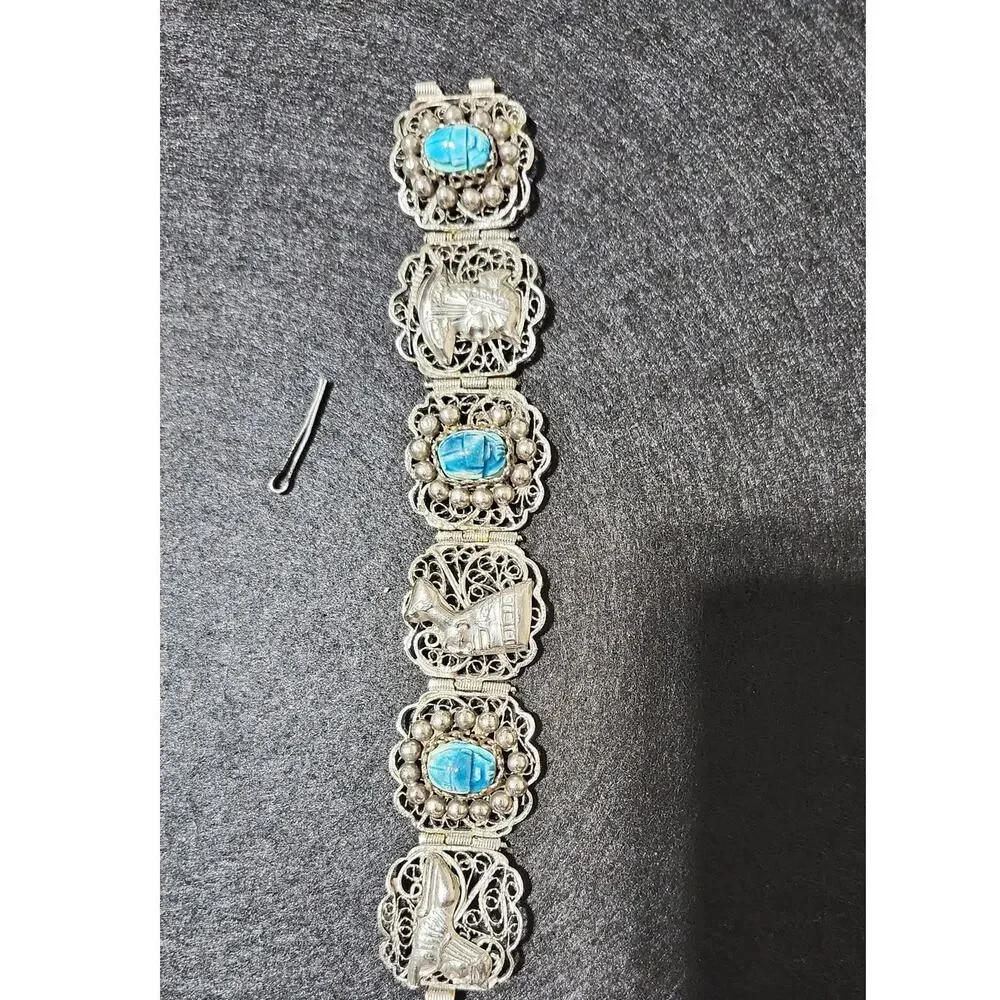 Vintage Egyption 800 Silver Faience Scarab Filagree Panel Bracelet